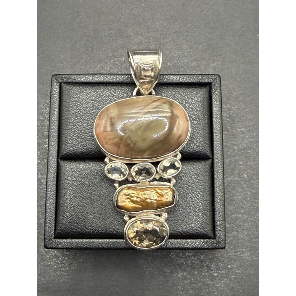 Vintage Sterling Silver Agate Smokey Quartz Pearl Pendant 26 Grams J19